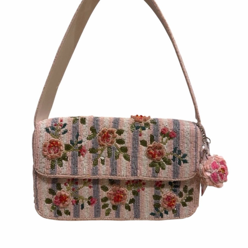 Handcrafted in India Beaded Pink Floral Shoulder Bag with bag charm - Picture 2 of 6